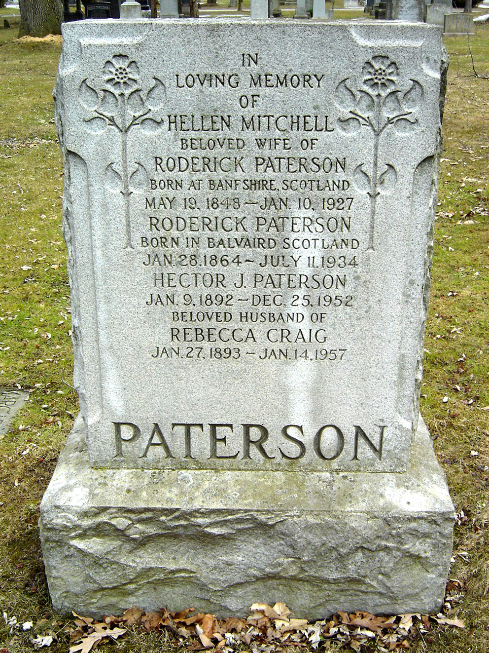 Photo of headstones/Roderick Paterson 1864-1934 hdstn Toronto Mt Pleasant cem ON